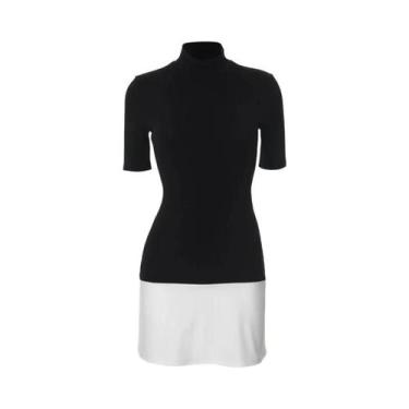 Imagem de Vestido Mini Elegante Preto E Branco Com Patchwork, Gola Alta, Manga C