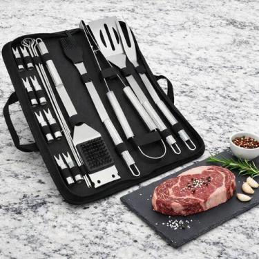 Imagem de Kit Churrasco Aço Inoxidável com Estojo, Espátula Pinça Garfo Espetos,