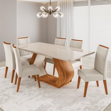 Imagem de Conjunto Sala de Jantar 6 Lugares Retangular Tampo em Vidro e Mdf Saron Mel/Off White/Bege