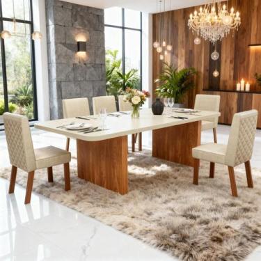 Imagem de Sala de Jantar 180x90 Creta 6 Cadeiras Bom Pastor, Nogal/Off BP Linho 
