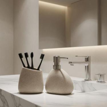Imagem de Kit Banheiro Lavabo Abstrato Dispenser Porta Escovas Greige - Mart