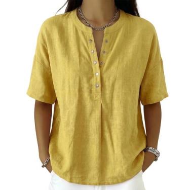 Imagem de Camisa feminina casual de linho e algodão com gola Henley amarela - Ho