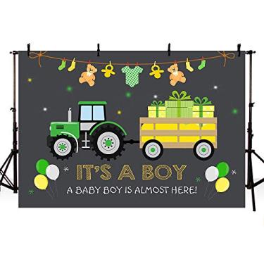 Imagem de MEHOFOND Trator Boy Baby Shower Party Backdrop Adereços It's A Boy Start Tractor and Put It in Gear Fotografia fundo verde e amarelo quadro-negro para suprimentos de mesa de sobremesa, 2,1 x 1,5 m