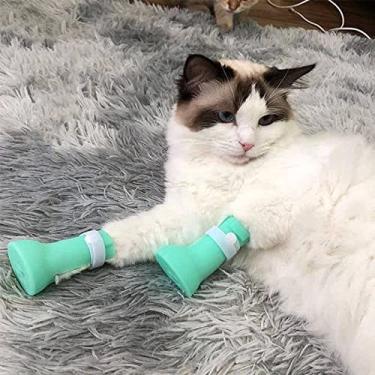 Imagem de kit 4 Sapatos Para Pet Bota Silicone Gato Anti Arranhão Ajustável protetor de pata ideal para dar banho limpar orelha cortar unhas