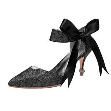 Imagem de Sandália feminina nó tira no tornozelo bico fino salto gatinha glitter sapatos de festa de casamento noiva, Preto, 8