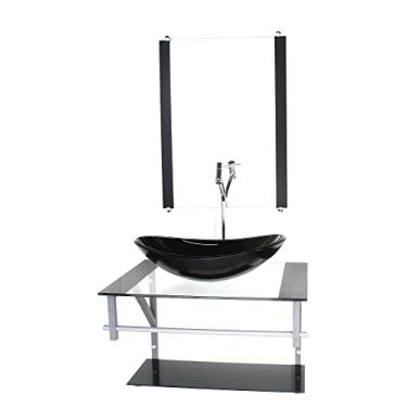 Imagem de GABINETE DE VIDRO PARA BANHEIRO 60CM AC CUBA OVAL PRETO COM TORNEIRA CROMADA