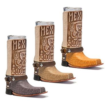Imagem de (pacote com 3) Minicaneta texana de couro mexicano tequila shot - Original Artisan Bota Chata para Tequila (cores sortidas)