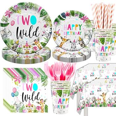 Imagem de HIPEEWO Dois artigos de festa de aniversário selvagem para louça, tema da selva safari, decorações de 2º aniversário incluem prato, copo, guardanapo, toalha de mesa, canudos, talheres, dois louças de aniversário selvagens | Servir 24