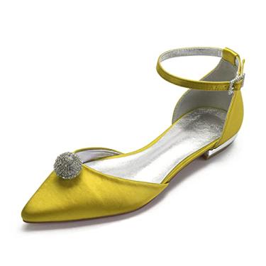 Imagem de Sapatos de casamento para noivas mulheres sapatilhas sapatilhas com fivela de cetim bico redondo sapatos com strass 36-43,Yellow,3 UK/36 EU