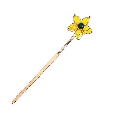 Imagem de CHOISBEING Pino de cabelo de cobre para coques flor amarela 16 cm bastão de cabelo para hashi de cabelo comprido para mulheres acessórios de cabelo