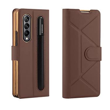 Imagem de Estojo de couro com suporte para caneta Stylus para Samsung Galaxy Z Fold 4 5G Capa de telefone com proteção contra quedas para Z Fold4, capa marrom Fold 4, para Galaxy Z Fold 4