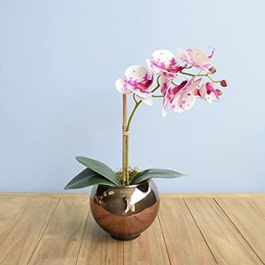 Imagem de Arranjo de Orquídea Artificial Branca e Rosa no Vaso de Vidro Bronze | Linha Permanente Formosinha