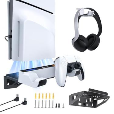 Imagem de NexiGo Kit de montagem de parede PS5 (todas as versões) com estação de carregamento para consoles PS5 e novos PS5 Slim, controles regulares e DualSense_Edge, suporte de parede de metal estável com