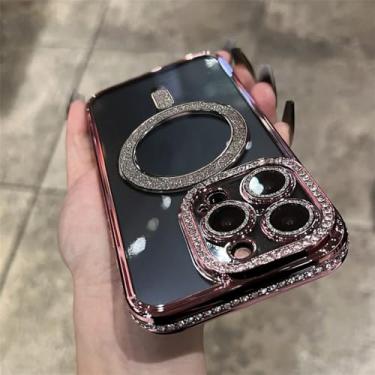 Imagem de Chapeamento Clear Diamond Glitter Case para iPhone 15 11 12 13 14 Pro Max 15 Plus Capa magnética de carregamento sem fio TPU, rosa, para iPhone 15 Promax