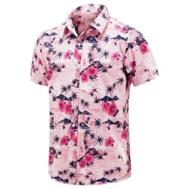Imagem de ENVMENST Camisa havaiana masculina manga curta estampa praia verão camisa Aloha (P-3GG), Vermelho-rosa, G