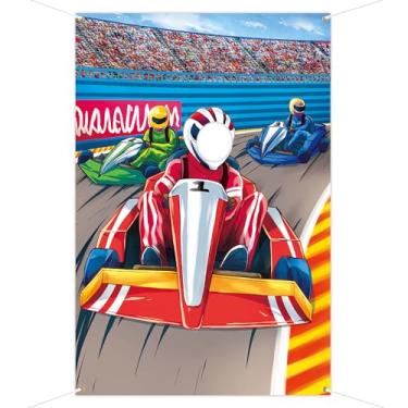 Imagem de Pano de fundo de carro de corrida 1 x 1,5 m, adereços para foto com recorte de rosto de motorista de Fórmula 1, fundo fotográfico Hot Wheels de carros de corrida, decoração de festa de aniversário