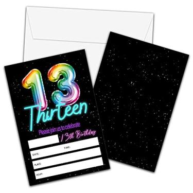 Imagem de Convites de aniversário de 13 anos com envelopes - Cartão de convite de festa de aniversário de balão arco-íris para meninas / meninos - Cartões de convites de preenchimento neon Glow - Celebração de