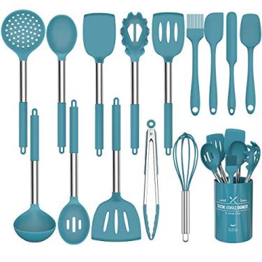 Imagem de Conjunto de utensílios de cozinha de silicone com 15 peças – Umite Chef 230 °C, cabo de aço inoxidável resistente ao calor, conjunto de utensílios de cozinha para panelas antiaderentes (azul)
