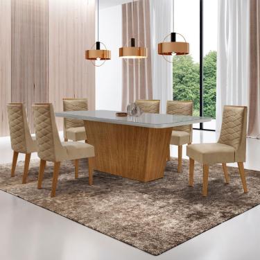 Imagem de Mesa para Sala de Jantar Aida 180cm MDF Canto Copo com Vidro e 6 Cadeiras Safira - Turim 07/Off White/Imbuia