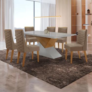 Imagem de Mesa para Sala de Jantar Aster 180cm MDF Canto Copo com Vidro e 6 Cadeiras Safira - Vel. Capuccino Off White Imbuia