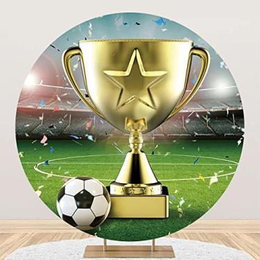 Imagem de Laeacco 2,2 x 2,2 m Troféu Campeão de Futebol Fundo Redondo Estádio Esportivo Campeonato Campeonato Círculo Pano de Fundo para Fotos de Confetes de Grama para Meninos Homens Festa de Aniversário