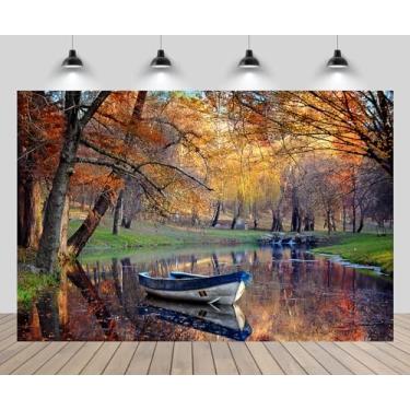 Imagem de CHNYWORK 2,1 x 1,5 m cenário de outono floresta paisagem de outono lago barco de madeira árvores amarelas cenário de parque natural para viagens, caminhadas, acampamento, festa, decoração de cabine de