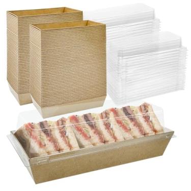 Imagem de YEXEXINM Pacote de 100 caixas de charcutaria de papel com tampa transparente, caixas de sanduíches kraft descartáveis, recipientes de alimentos para padaria, sobremesas, sushi, morangos, bis