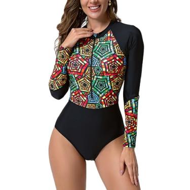 Imagem de Roupa de banho feminina, manga comprida, gola redonda, esportiva, academia, surfe, mergulho, praia, elegante, triângulo havaiano, traje de banho feminino, K-058 Preto, P