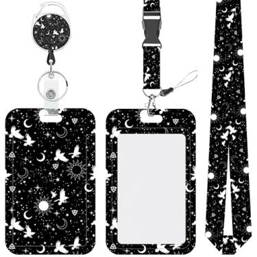 Imagem de Cordão espacial lua sol pássaros voadores para crachás de identificação retrátil com cordão destacável carretel de crachá moderno resistente com mosquetão giratório para enfermeiras e professores