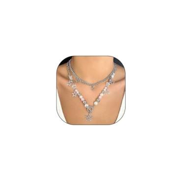 Imagem de Colar feminino em camadas de estrela de pérola, colar punk prata multicamadas empilhável com pingente de estrela, colar gargantilha com contas de pérola e fecho de botão, Large, Zinco, Pérola