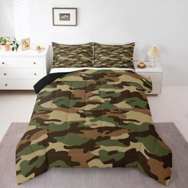 Imagem de Feelyou Conjunto de edredom camuflado, tamanho casal, verde e marrom, para meninos e meninas, estilo militar, edredom para decoração de quarto, microfibra macia e respirável para todas as estações, 3