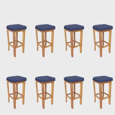 Imagem de Kit 08 Banqueta Alta Ben Gourmet Balcão Bistrô Cozinha Base Madeira Maciça Sintético Azul Marinho - Ahz Móveis