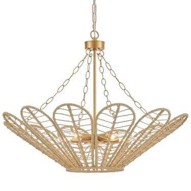 Imagem de MhyTogn Lustre De Vime Natural De 29", Com Cúpula De Flor De Vime Trançado Estilo Boho, Acabamento Em Pintura Escovada Em Latão Antigo, Luminária Pendente Para Sala De Jantar, Sala De Estar, Cozinh