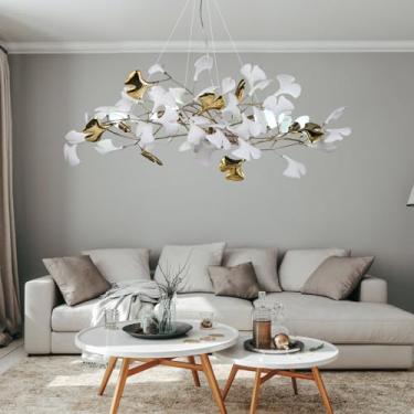 Imagem de GREMLBUK Lustre Moderno Com Galhos De Árvores Para Sala De Jantar, Lustre Retangular De Latão Com Folhas De Ginkgo De 39 Polegadas, Luminária Pendente Grande E Luxuosa Para Sala De Estar, Cozinha E