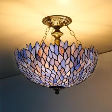 Imagem de GILGGAK Luminária De Teto Tiffany, Azul Profundo, Roxo, Com Vitral De Glicínias, Semi-Embutida, Ampla, 16 Polegadas, Altura, 15 Polegadas, Luminária De Teto Tiffany (Azul)