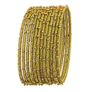 Imagem de Touchstone Conjunto de 12 pulseiras de designer indiano Bollywood feito à mão com fios de seda falsa visual exótico com contas douradas