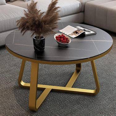 Imagem de Mesa de café redonda, mesa de extremidade de ardósia de sotaque moderno, mesa de sofá, mesa final para pequenos espaços, estrutura de metal resistente, montagem fácil, para o escritório da v
