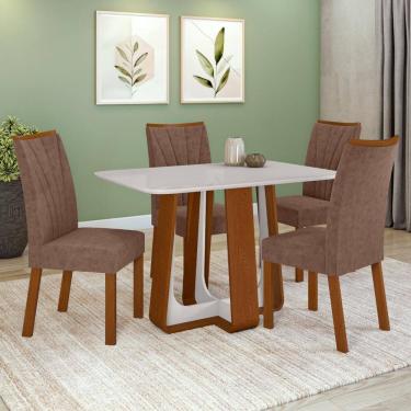 Imagem de Conjunto Sala de Jantar Mesa Easy Pop 120x80cm Tampo Vidro/MDF com 4 Cadeiras Confort Couro Morano Avelã Frassino/off White