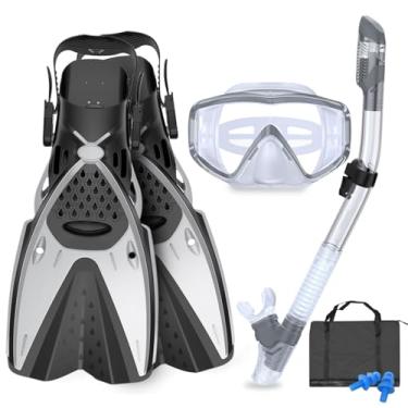 Imagem de AosDero Máscaras E Barbatanas Para Mergulho Com Snorkel Adultos, Homens Mulheres, Máscara De Vista Panorâmica, Antiembaçante Parte Superior Seca, Nadadeiras/Nadadeiras Ajustáveis Livre, Bolsas Viage