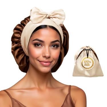 Imagem de Touca de seda 100% amoreira para mulheres dormindo com cabelo encaracolado – Alternativa ao gorro de cetim de camada dupla com faixa de gravata – Envoltório de cabelo de seda premium para dormir com