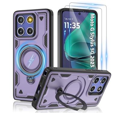 Imagem de Capa magnética para Motorola Moto G Stylus 5G 2025, compatível com MagSafe e [protetor de tela HD × 2], suporte giratório de metal, proteção antidigitais à prova de queda de grau militar, roxa