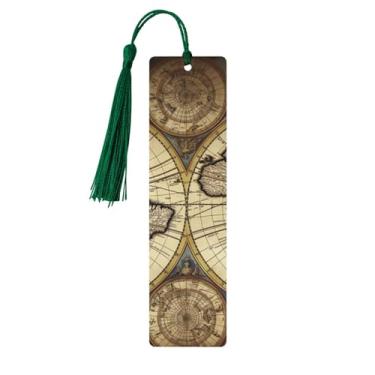 Imagem de Marcadores de livro de madeira para homens e mulheres, ornamentos feitos à mão com borlas, marcadores de livro de madeira, mapas antigos, globo mundial, etiquetas penduradas em madeira, marcadores de