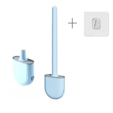 Imagem de Kit 2 Escovas Sanitárias de Silicone com Suporte Autoadesivo Incluso, Design Minimalista, Escova Redonda para Limpeza de Vaso Sanitário (Azul)
