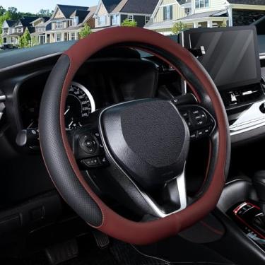 Imagem de SEG Direct Capa de volante em forma de D para rodas de fundo plano de 37-38 cm, couro de microfibra perfurado respirável, aderência antiderrapante, ajuste universal para carros e SUVs, preto e vinho