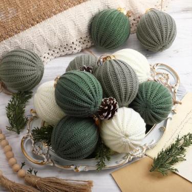 Imagem de VioraWhite 12 peças de bolas de enfeite de Natal de crochê verde sálvia de 8,5 cm, bolas de algodão de malha neutra feitas à mão, enfeites de árvore de Natal para decoração rústica de fazenda