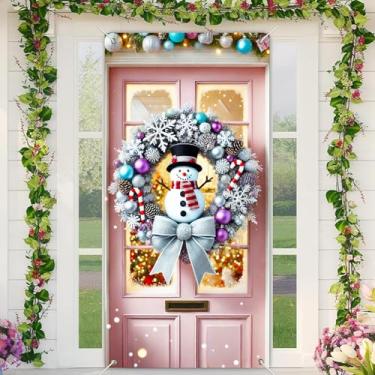 Imagem de BlissYard Capa de porta de Natal, guirlanda de boneco de neve, prata e roxo, 89 x 188 cm, faixa festiva para decoração de parede interna e externa, tecido de poliéster, capas de festa em casa