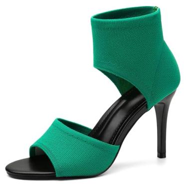 Imagem de NEWBELLA Sandálias femininas retrô Peep Toe – Design elegante de salto agulha com cabedal de malha respirável, sandálias casuais elásticas confortáveis para uso diário, Salto alto verde, 36