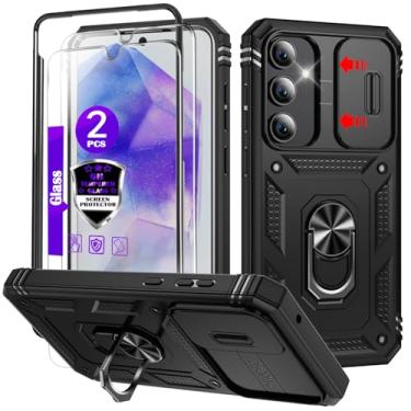 Imagem de YmhxcY Capa para Galaxy A55 5G com capa deslizante para câmera, 2 películas de vidro temperado, suporte de anel giratório de 360°, capa protetora de grau militar para Galaxy A55 5G 6,6 polegadas