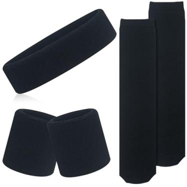 Imagem de ONUPGO Conjunto de 5 peças de meias para crianças – faixa de cabeça esportiva, pulseiras, meias altas listradas para crianças, jovens, crianças pequenas e bebês – futebol, basquete, corrida, ciclismo