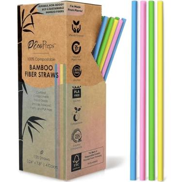 Imagem de EcoPreps Canudos biodegradáveis de fibra de bambu coloridos, 100% compostáveis, sem plástico, canudos ecológicos | Canudos descartáveis de fibra vegetal de 20 cm, duráveis para bebidas quentes e frias